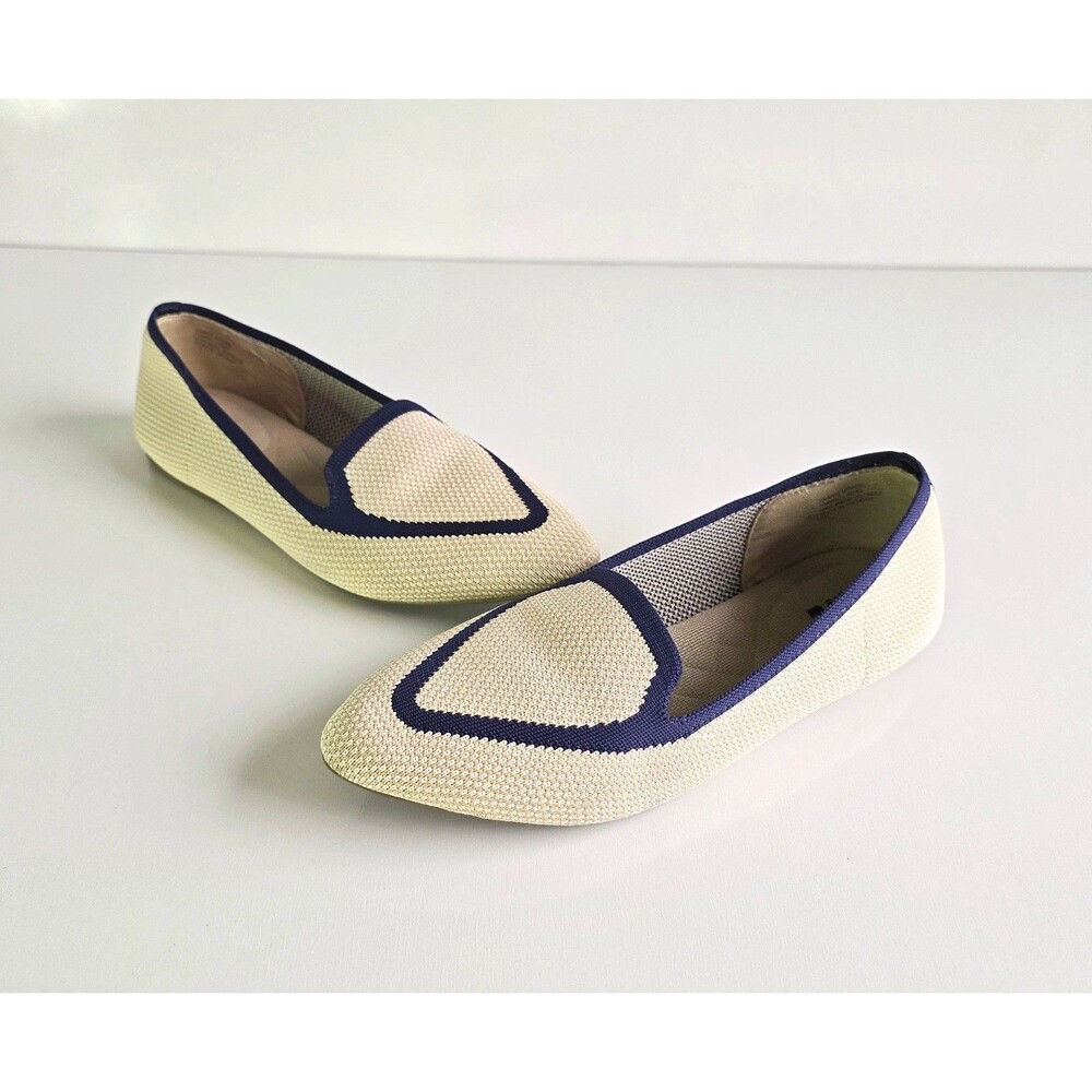 BIRDIES Blackbird Knit Flats Eggshell Navy Sz 7.5 Pointed Toe Loafers Blue Beige